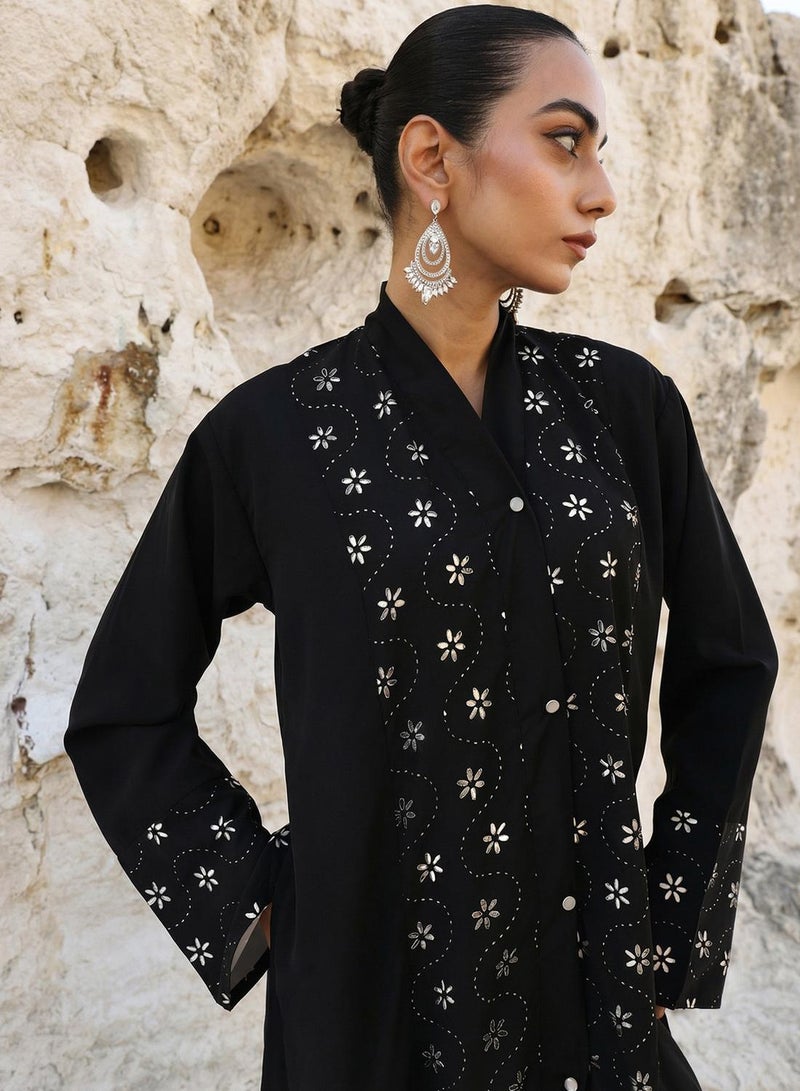 ISHIN Black Floral Laser Cut Abaya with Hijab - Image 5